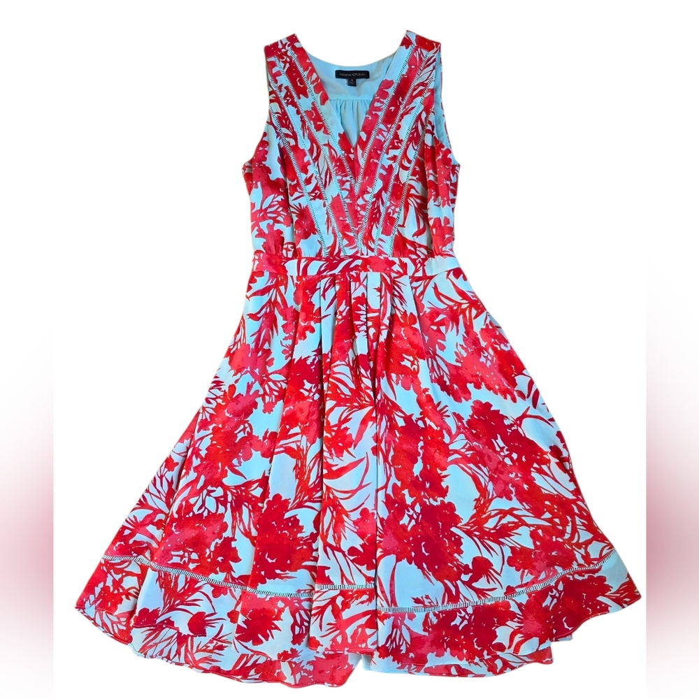 Banana Republic Peach & Blue Floral Print Sleeveless Fit & Flare Vneck Dress 6